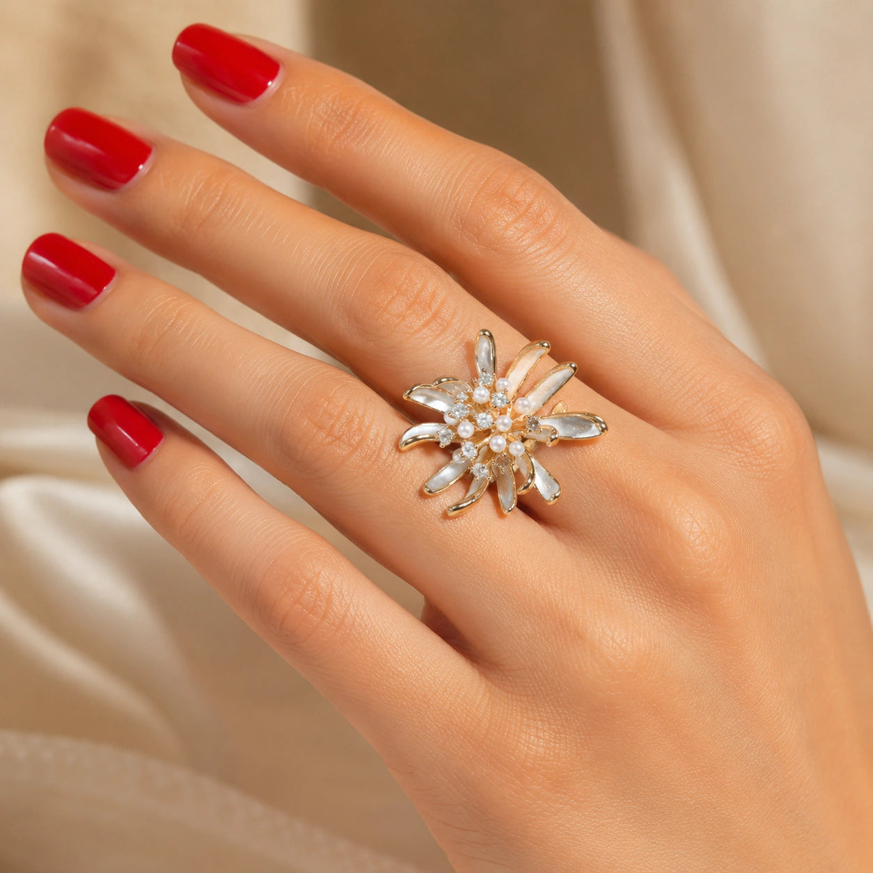 Alternate detail view of the crystal floral starburst ring