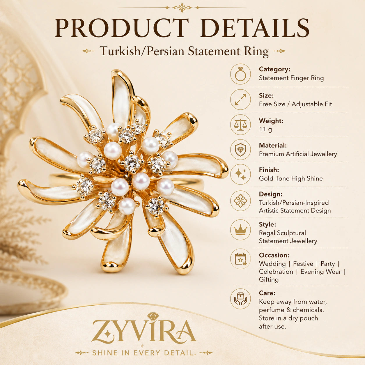 Alternate product view of the pearl-white starburst ring