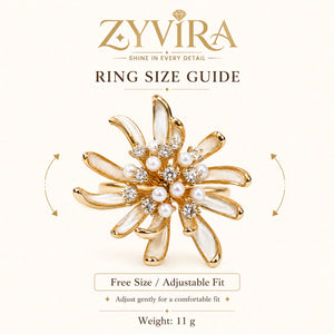 Pearl-white starburst ring styled in an elegant jewellery flat lay