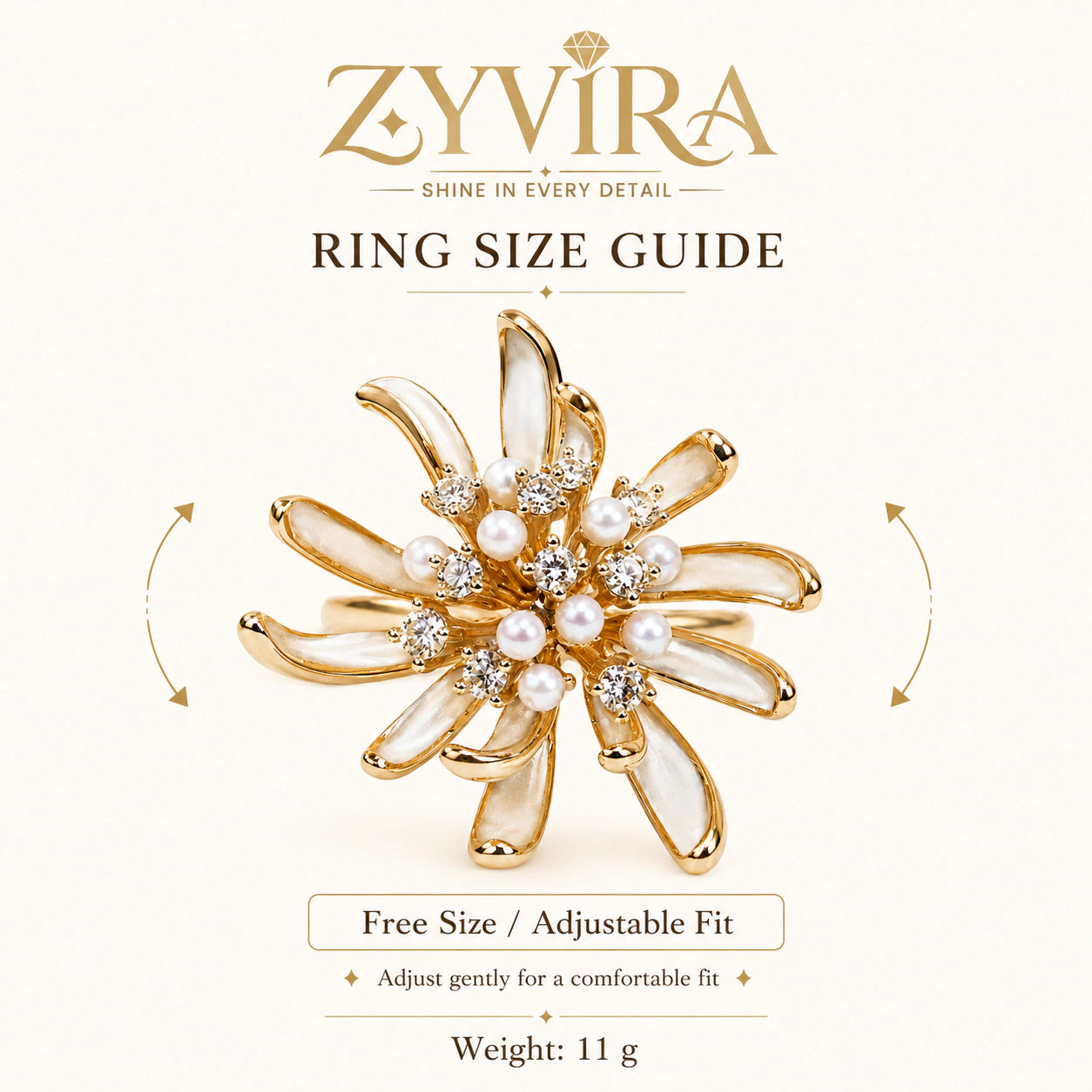 Pearl-white starburst ring styled in an elegant jewellery flat lay