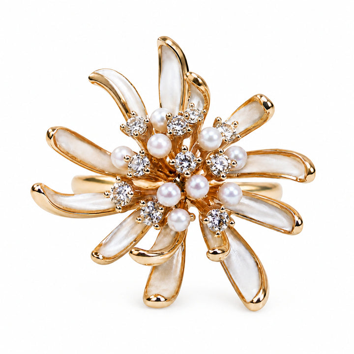 Pearl-white crystal floral starburst statement ring