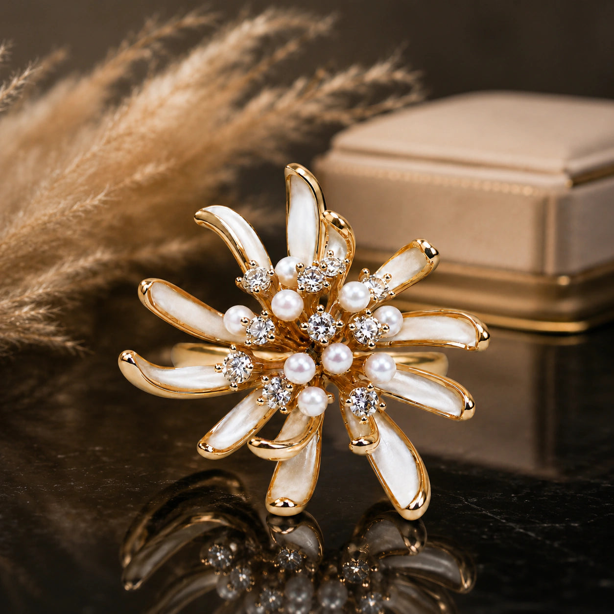 Side view of the pearl-white crystal starburst ring