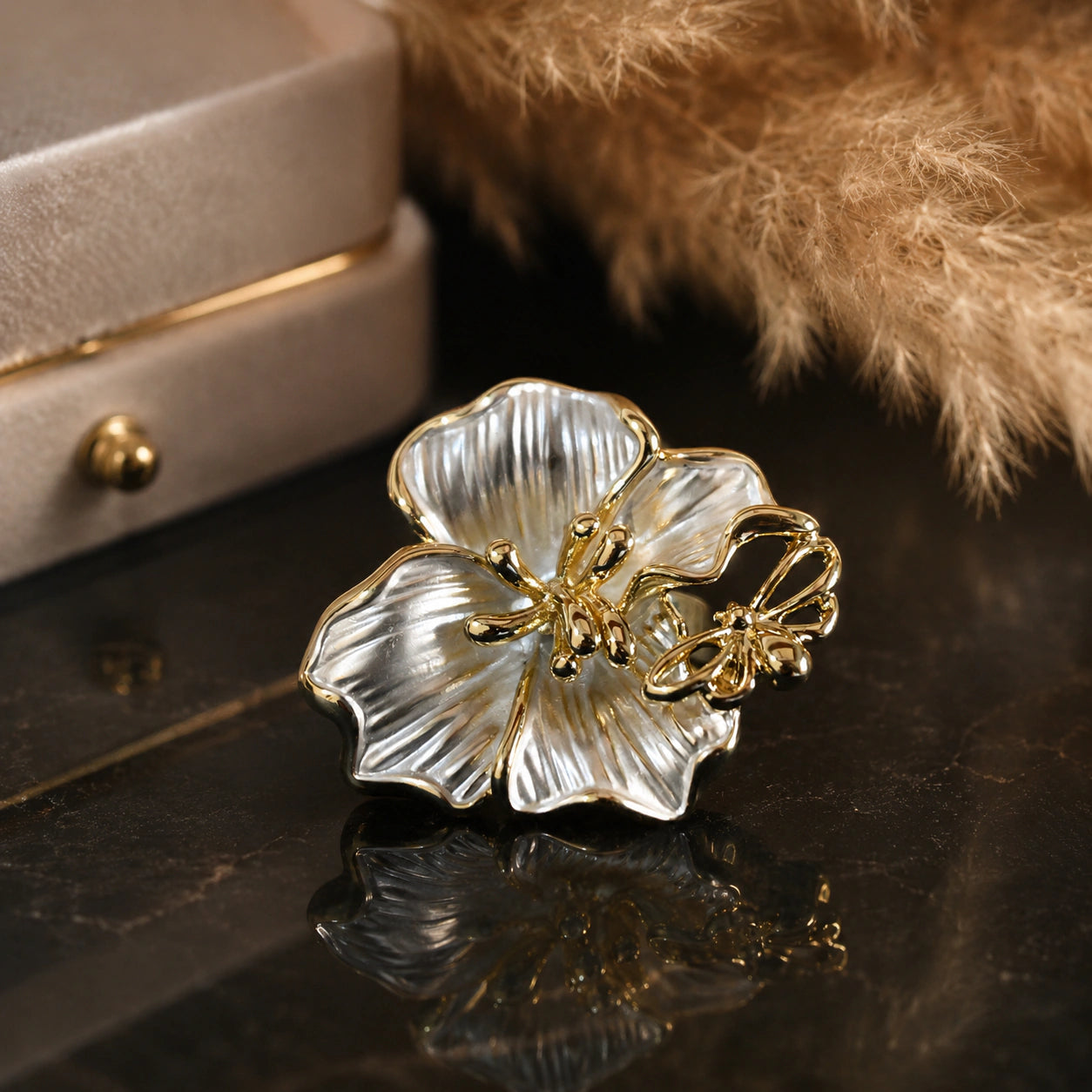 Alternate product view of the pearl-white floral butterfly ring