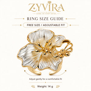 Angled view of the pearl-white floral butterfly ring