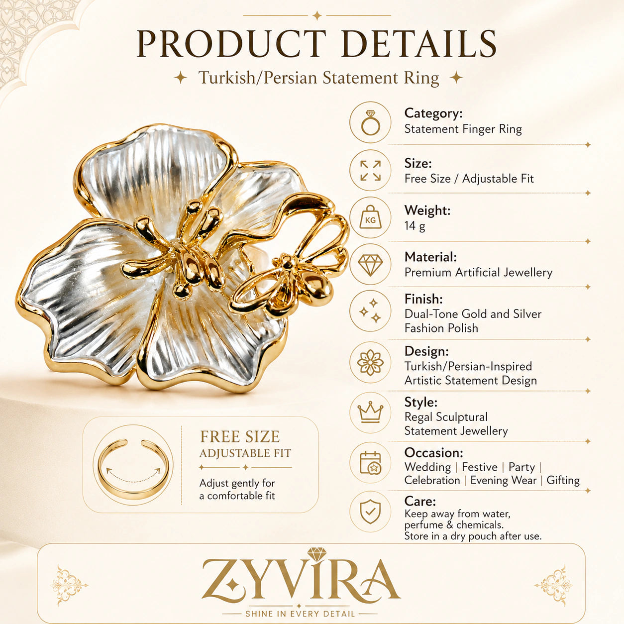 Open adjustable view of the pearl-white butterfly ring