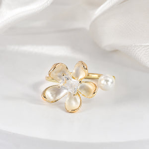 Alternate product view of the pearl-white floral crystal ring