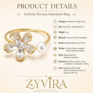 Pearl-white floral ring styled in an elegant jewellery flat lay