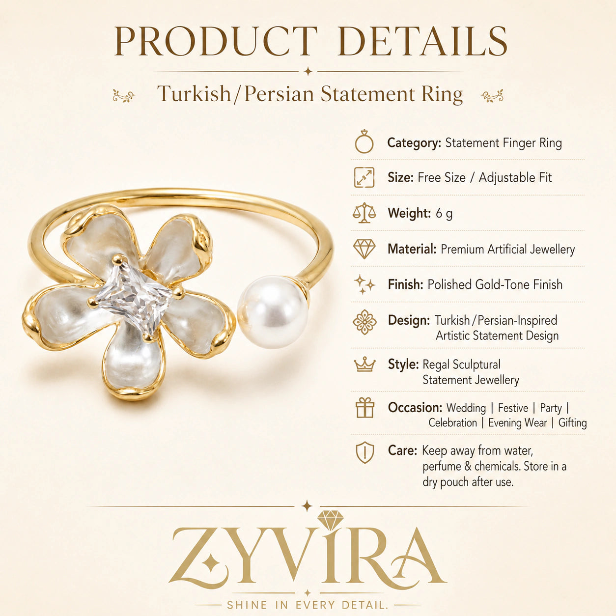 Pearl-white floral ring styled in an elegant jewellery flat lay
