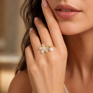 Close-up of pearl-white petals and crystal floral detailing