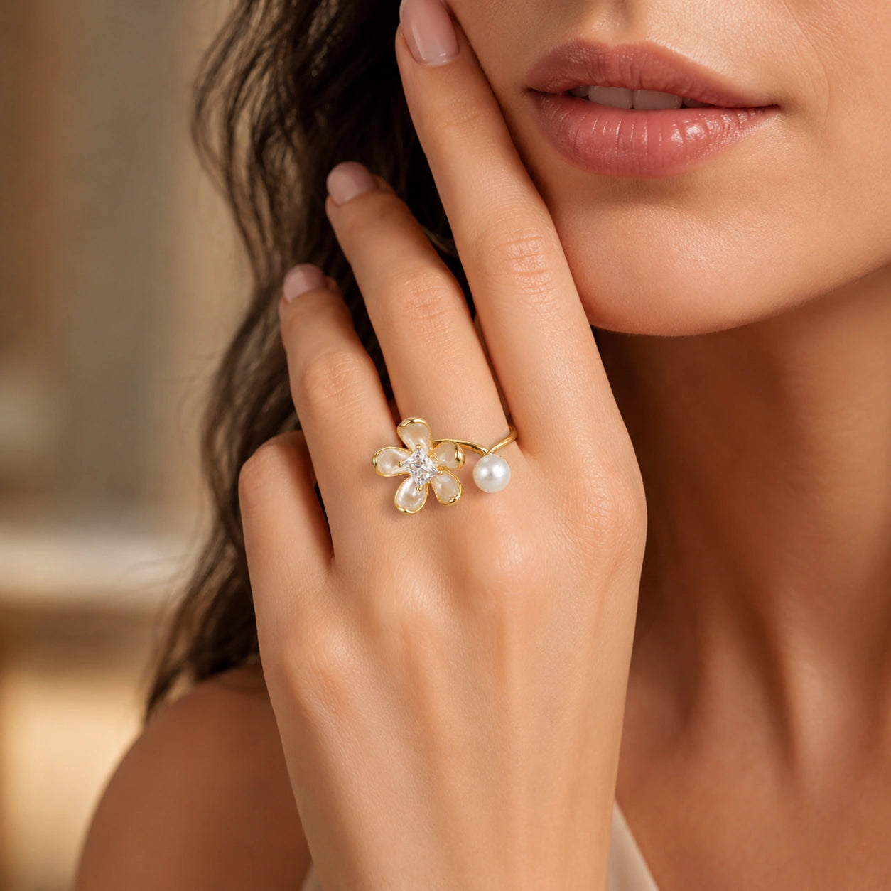 Close-up of pearl-white petals and crystal floral detailing