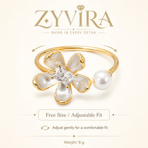 Open adjustable view of the pearl-white floral ring