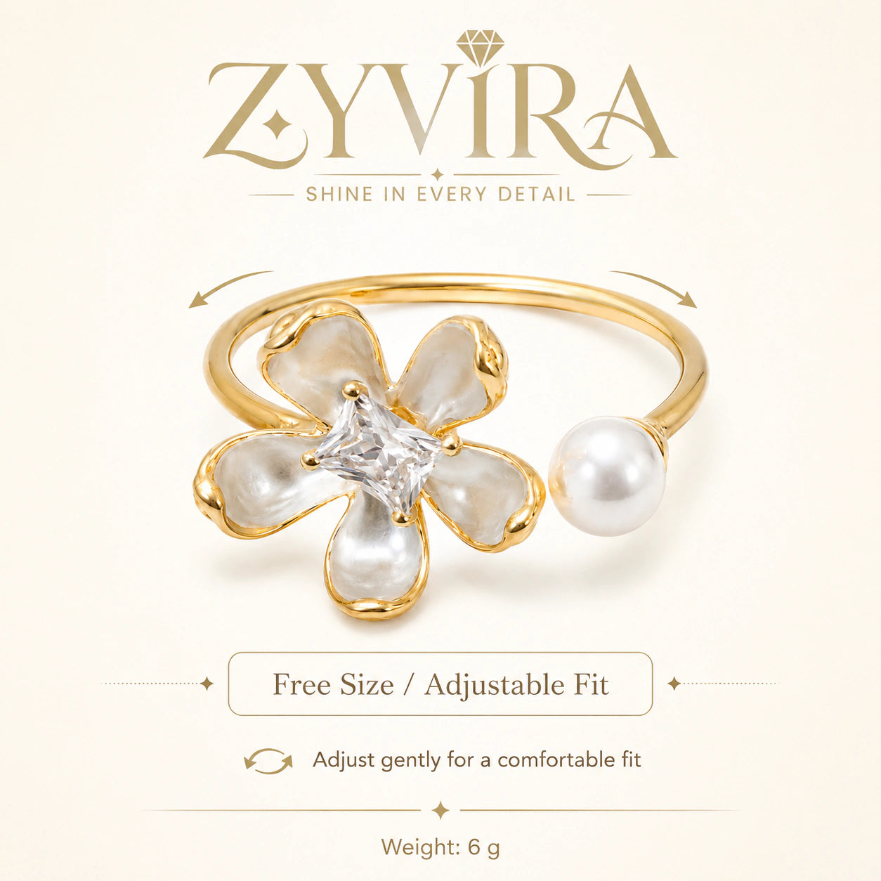 Open adjustable view of the pearl-white floral ring