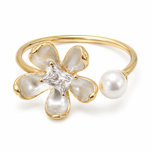 Pearl-white floral crystal open ring