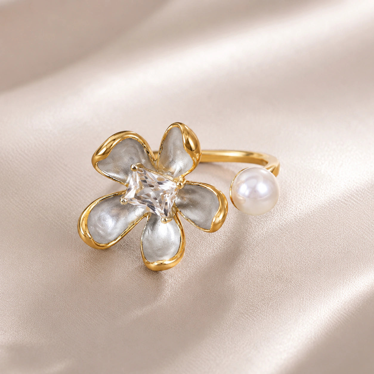 Side view of the pearl-white floral crystal open ring