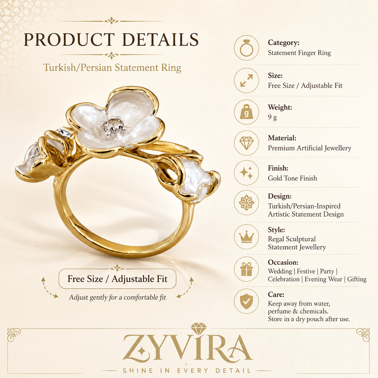 Pearl-white floral ring styled in an elegant jewellery flat lay