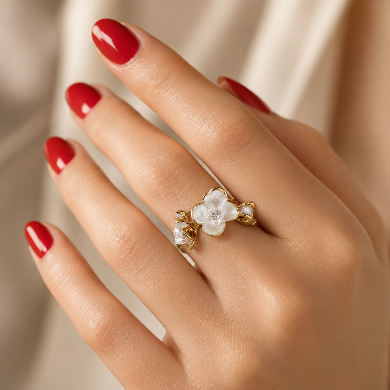 Close-up of pearl-white petals and crystal floral detailing