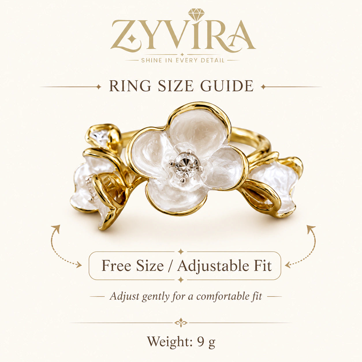 Open adjustable view of the pearl-white floral ring