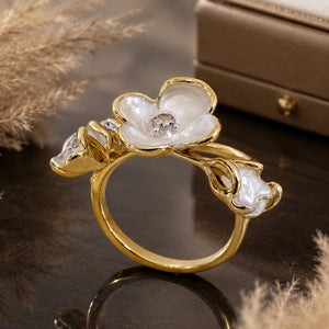 Pearl-white floral crystal gold-tone ring