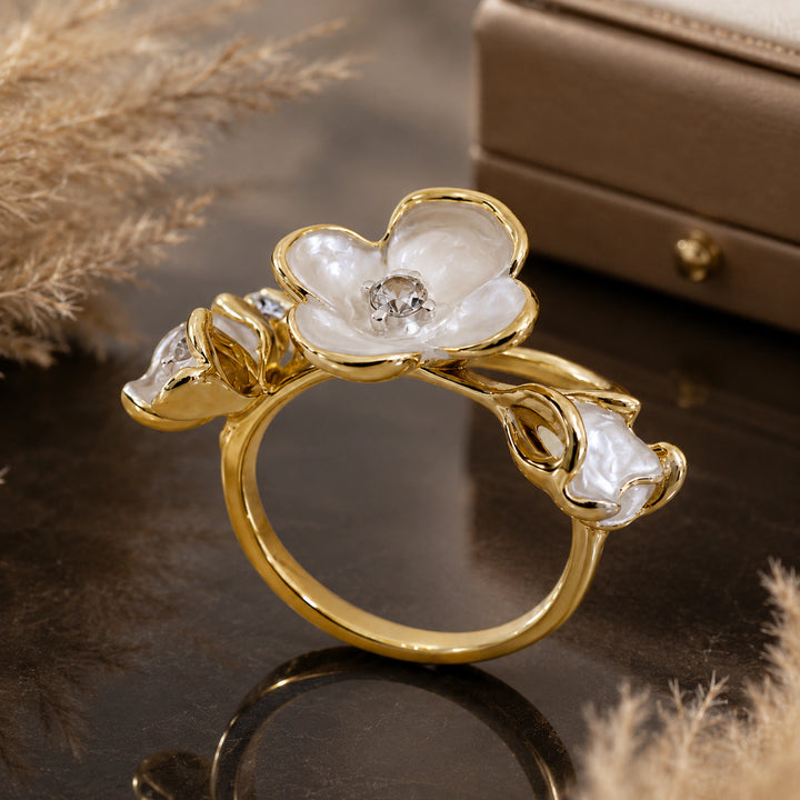 Pearl-white floral crystal gold-tone ring