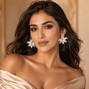 Pearl-white gold-edged sculptural floral statement earrings