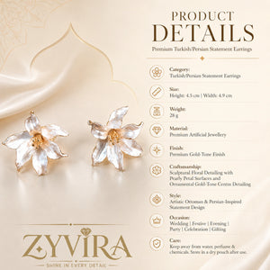 Product details card for pearl-white gold-edged floral statement earrings