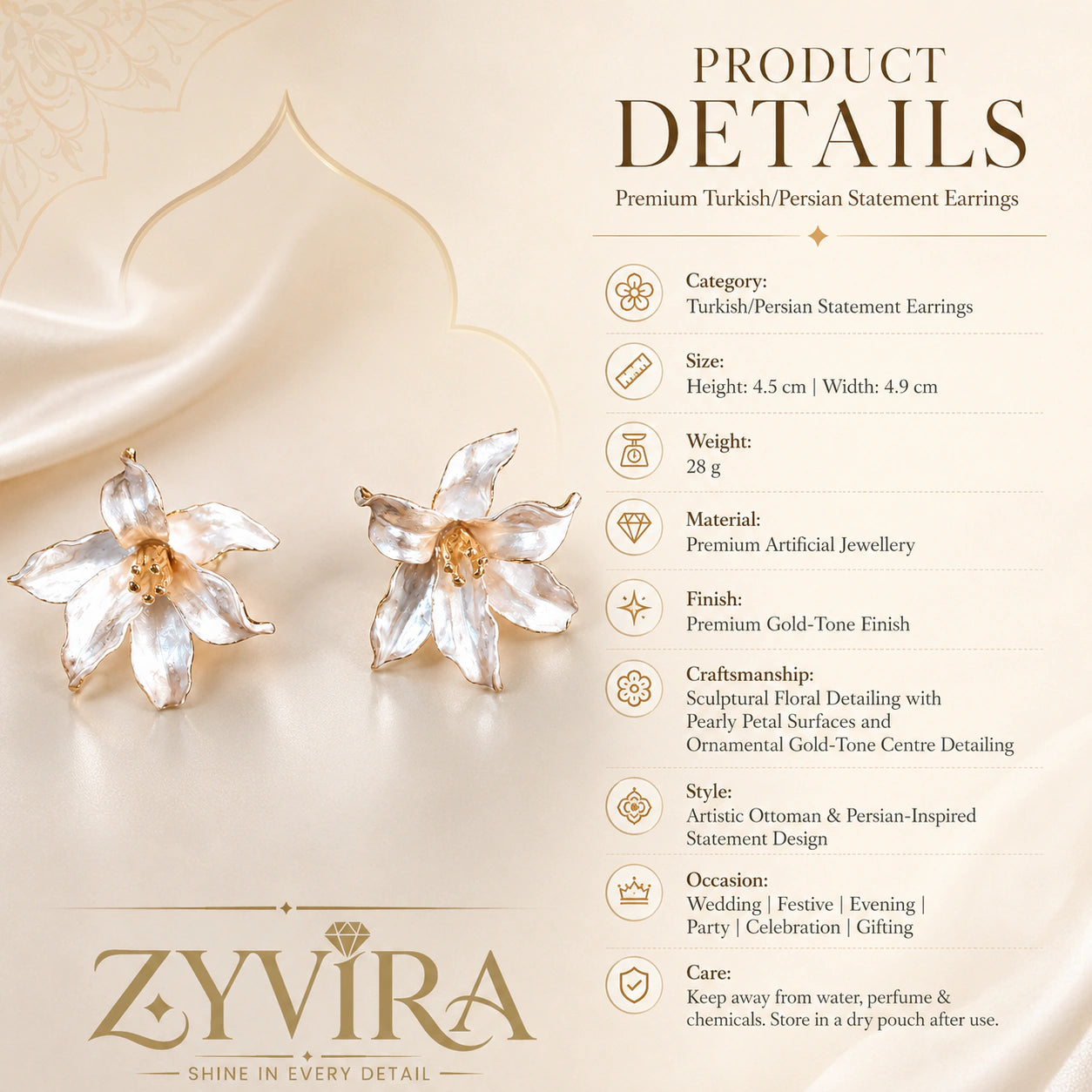 Product details card for pearl-white gold-edged floral statement earrings