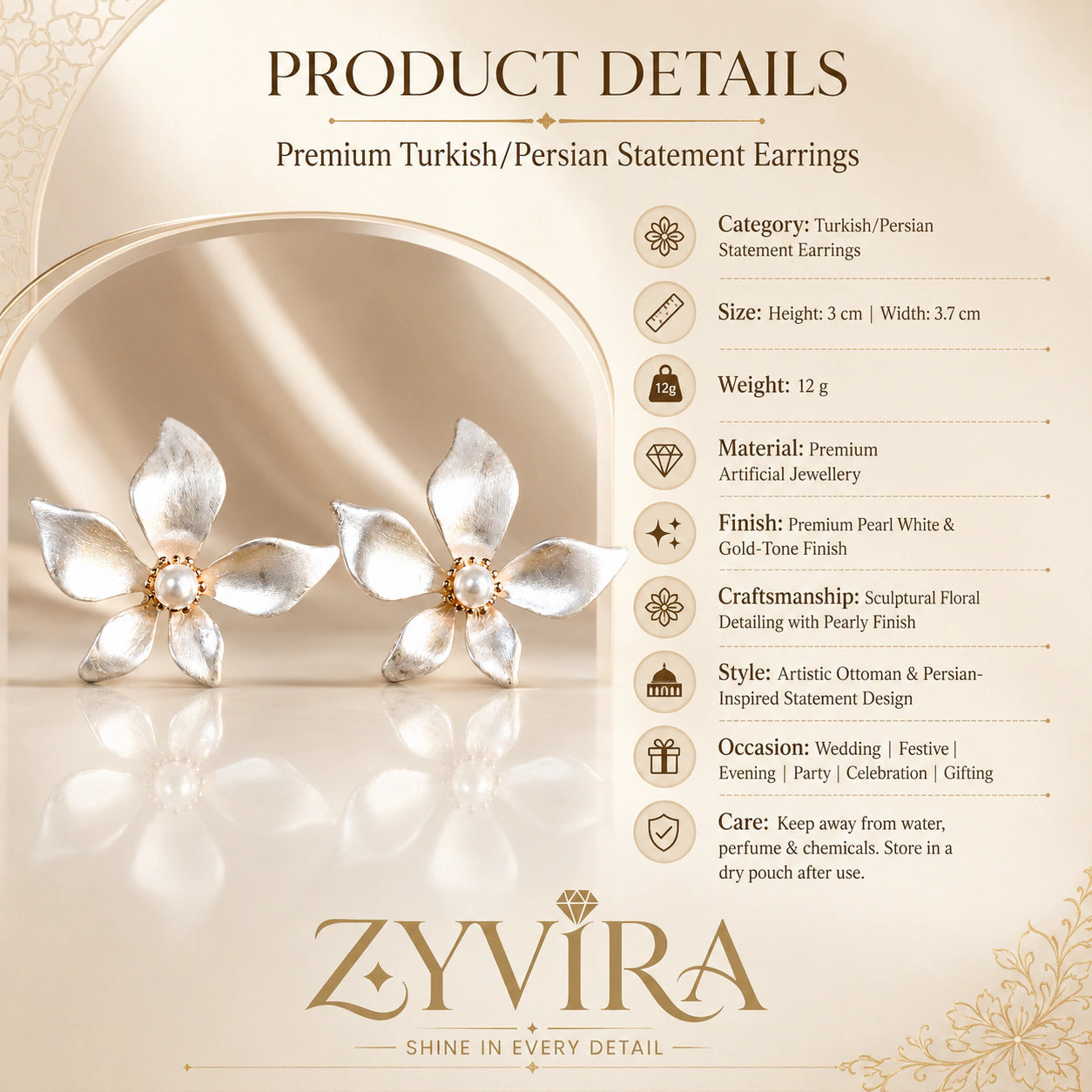 Product details card for pearl-white gold-tone floral push-back earrings