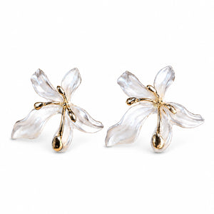 Alternate detail view of pearl-white leaf floral drop earrings