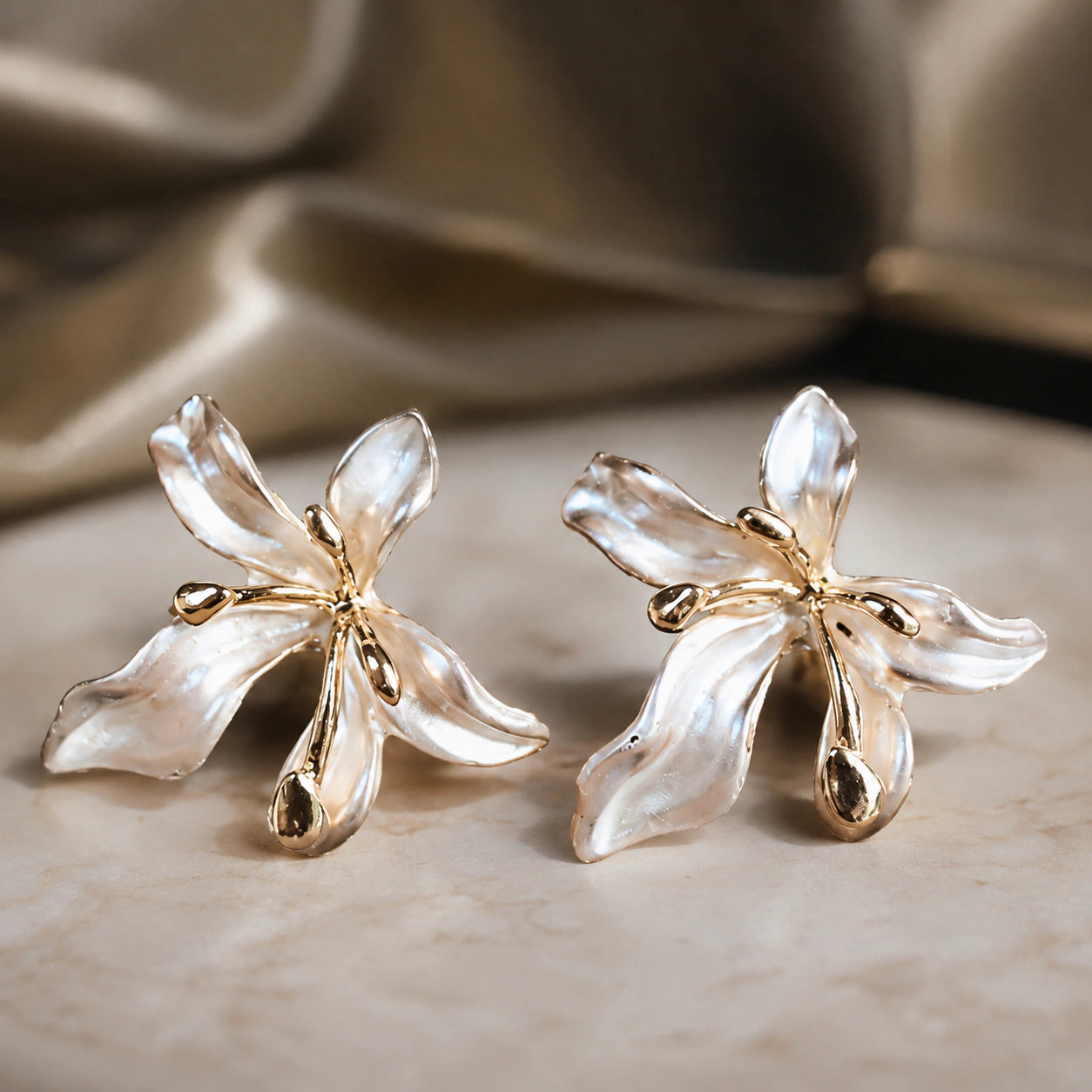 Alternate product view of pearl-white leaf floral drop earrings