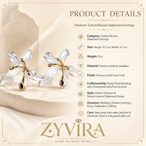 Product details card for pearl-white leaf floral gold-tone earrings