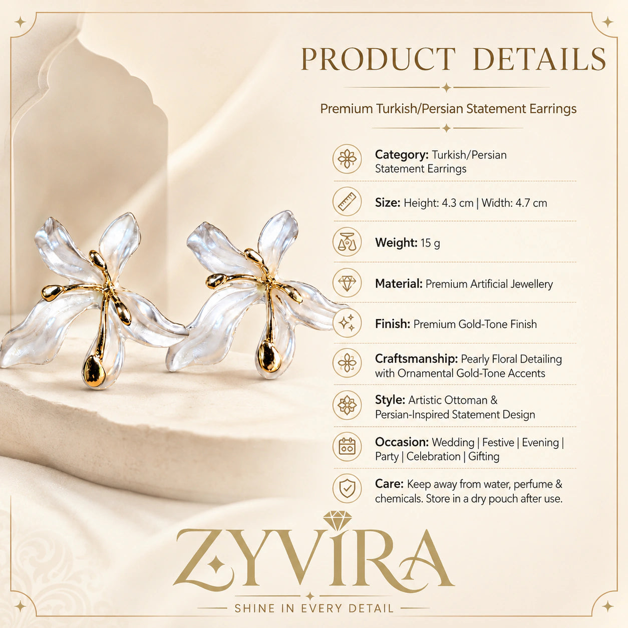 Product details card for pearl-white leaf floral gold-tone earrings