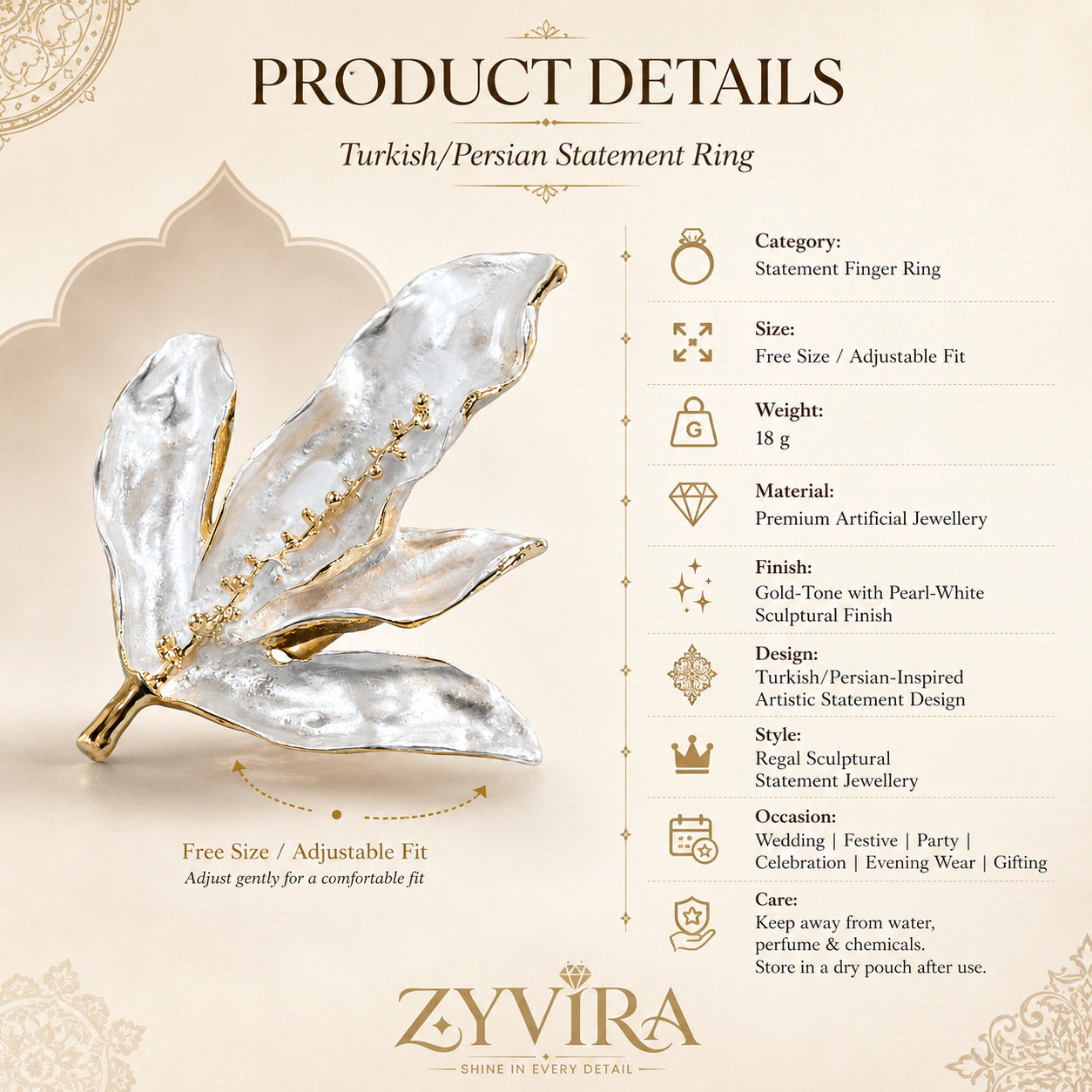 Open adjustable view of the pearl-white leaf vine ring