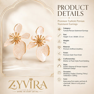 Product details card for pearl-white marbled floral gold-tone earrings