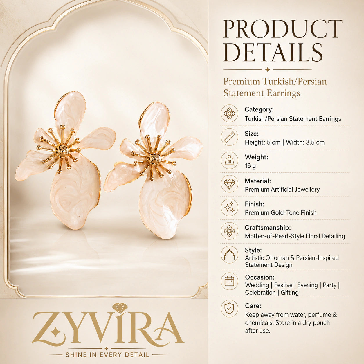 Product details card for pearl-white marbled floral gold-tone earrings