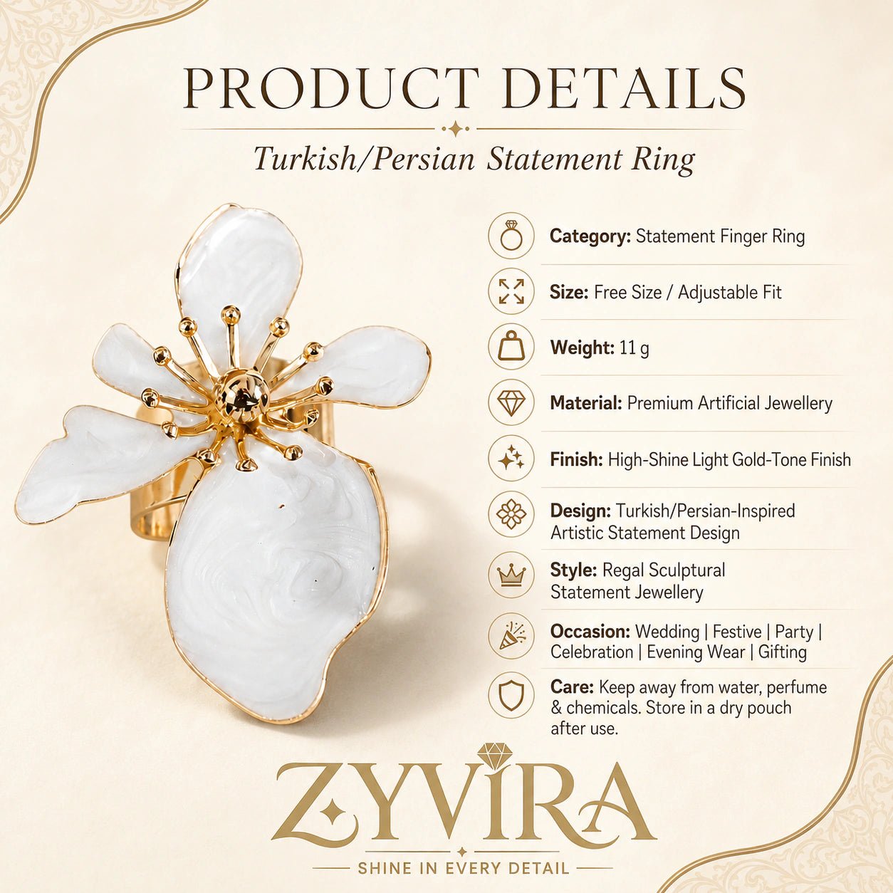 Pearl-white marbled petal ring styled in an elegant jewellery flat lay