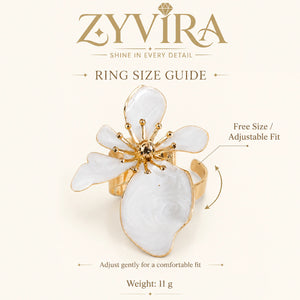 Open adjustable view of the pearl-white petal ring