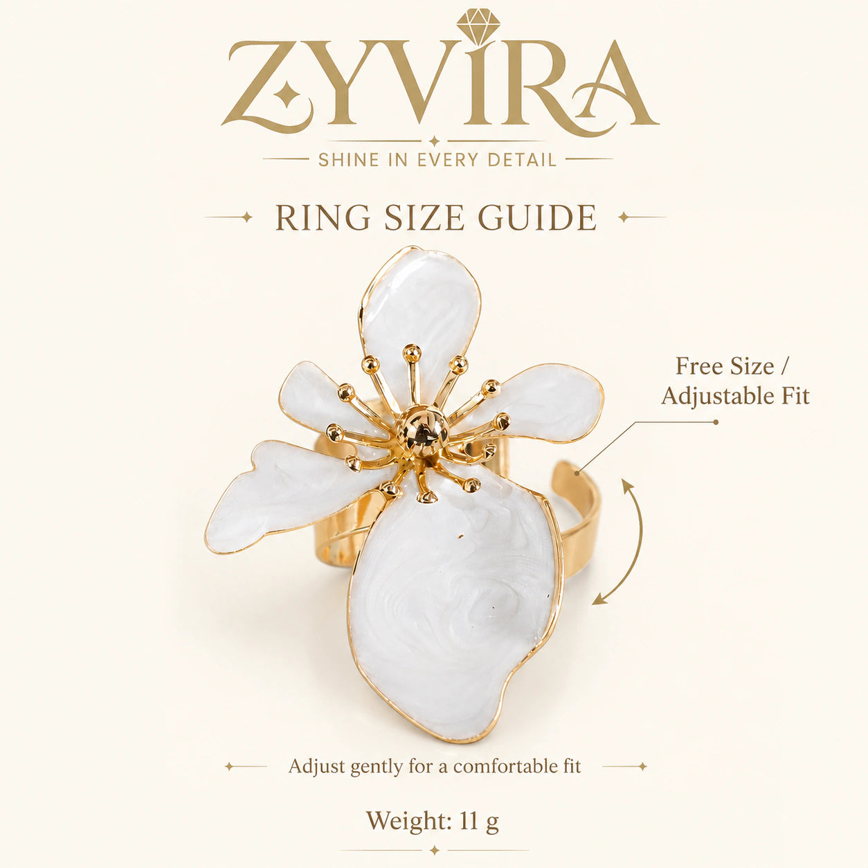 Open adjustable view of the pearl-white petal ring