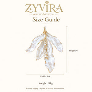 Product details card for pearl-white sculptural leaf gold-tone earrings