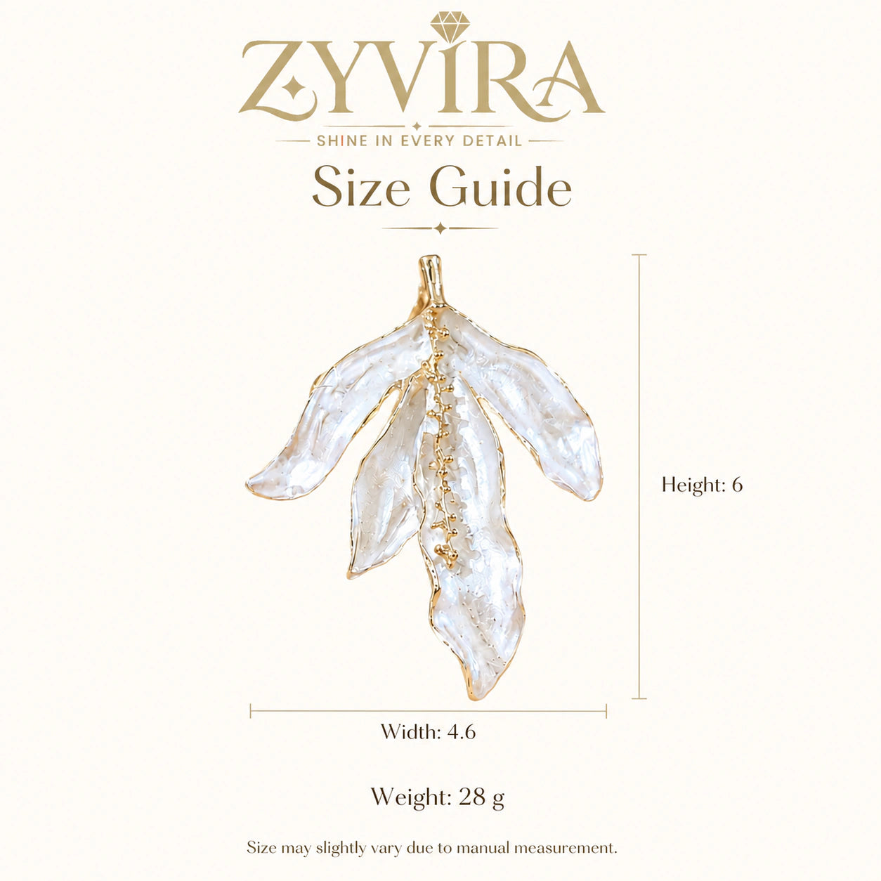 Product details card for pearl-white sculptural leaf gold-tone earrings