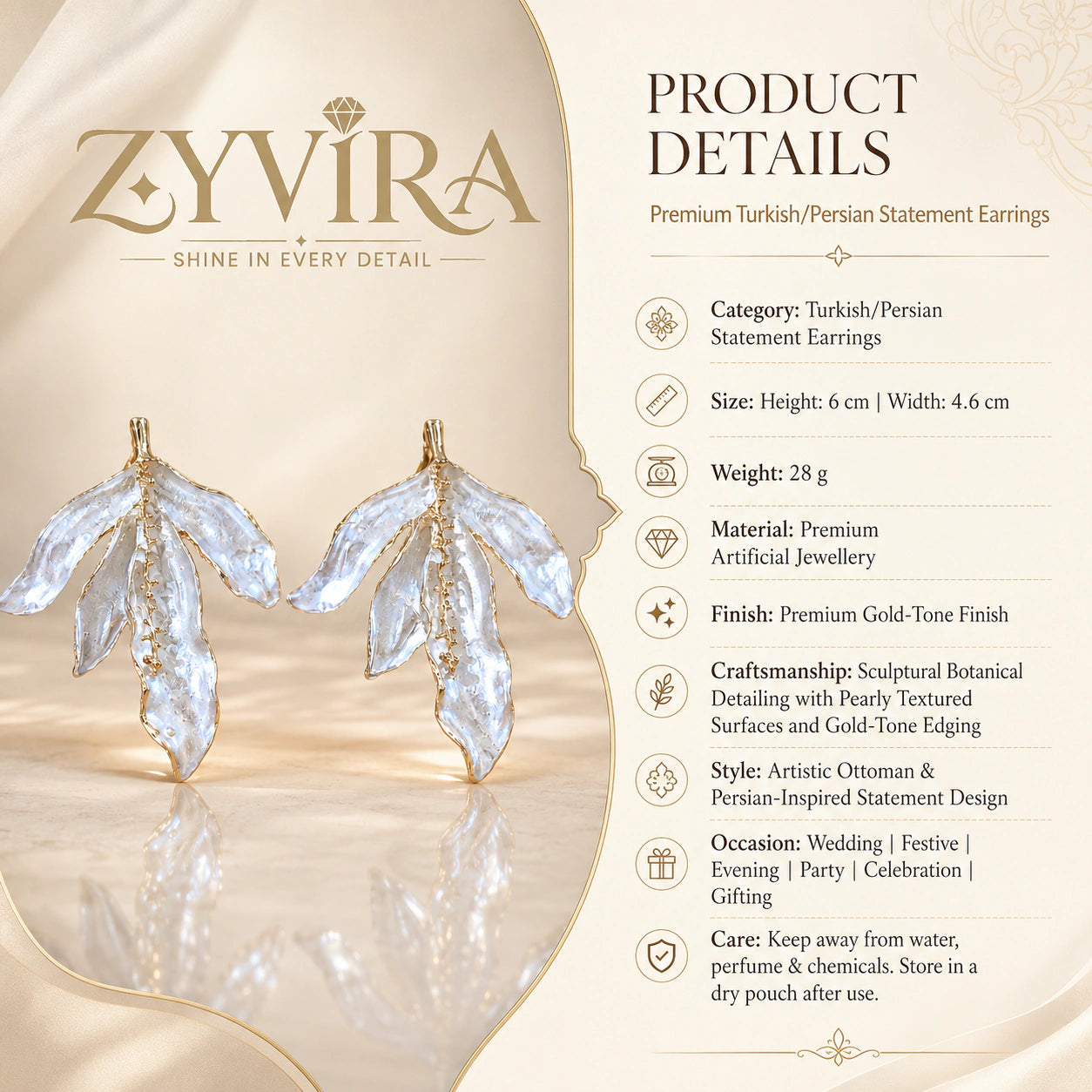 Size guide showing the proportions of pearl-white sculptural leaf earrings