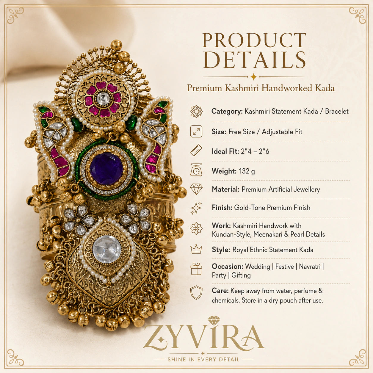 Alternate product view of the purple Kundan pearl kada