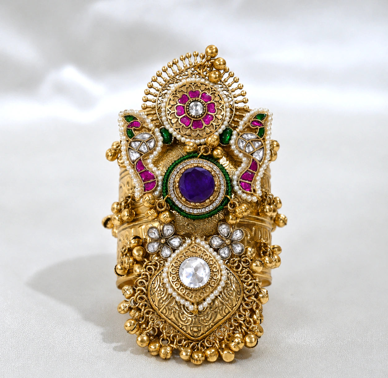 Close-up of the pearl accents on the purple Kundan kada