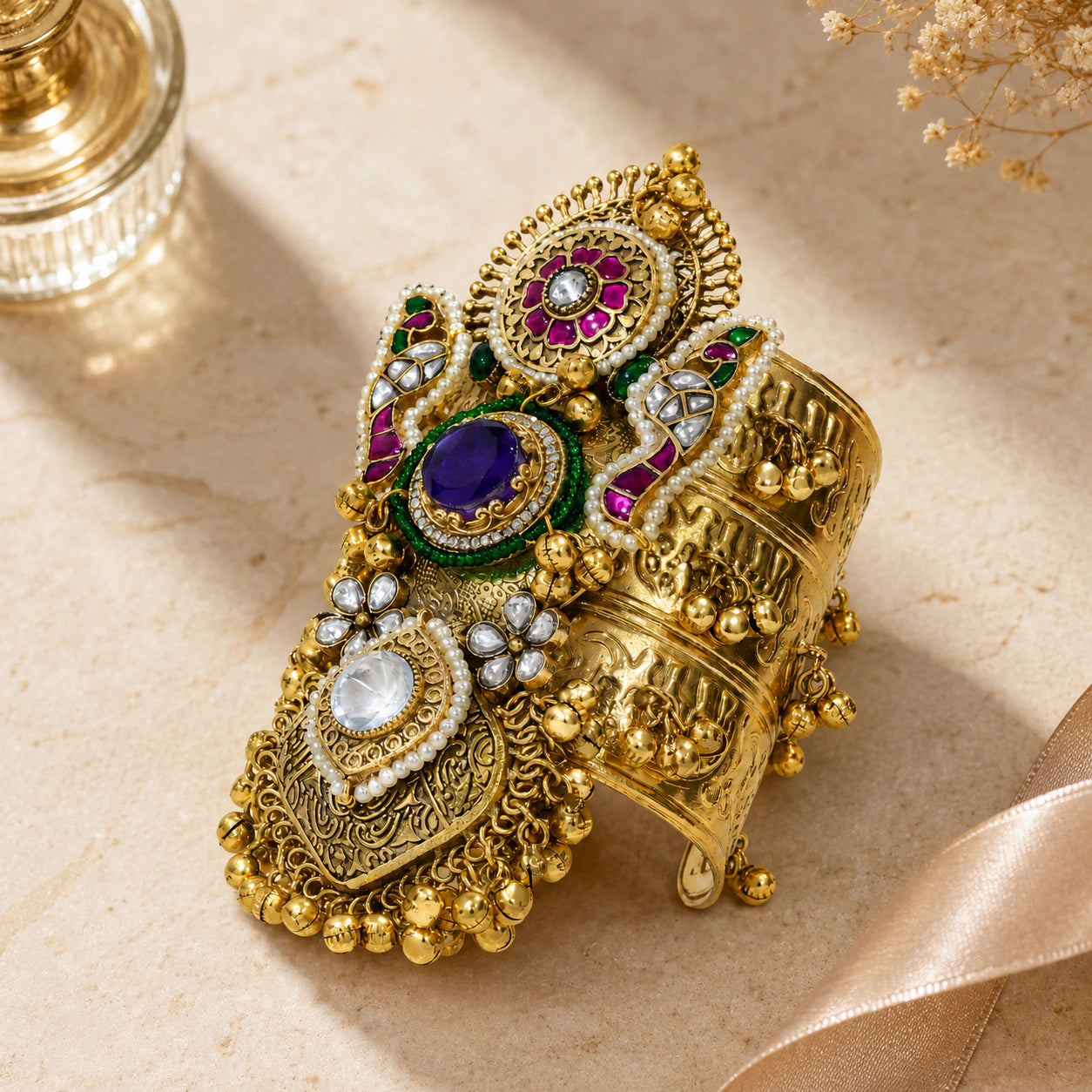 Top view of the purple Kundan pearl statement kada