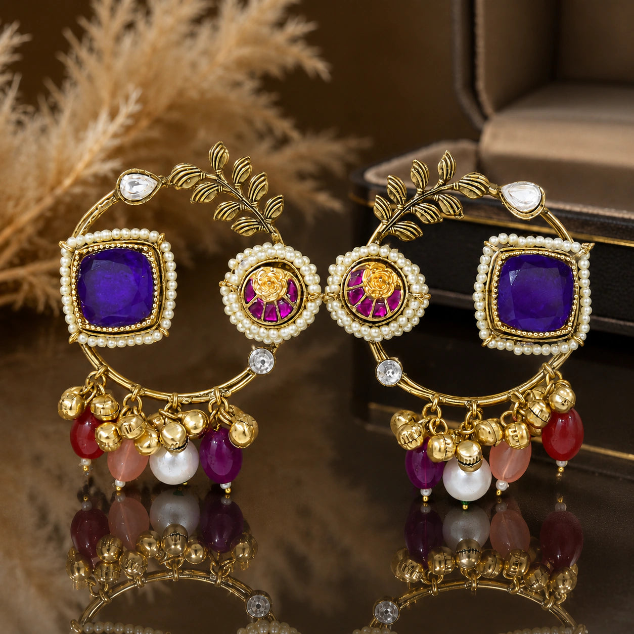 Alternate product view of Kashmiri purple pearl chandbali earrings