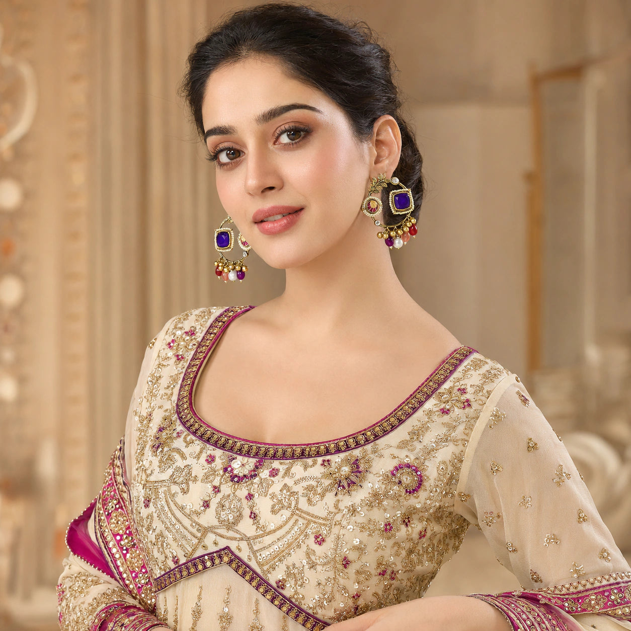 Angled view of gold-tone purple pearl chandbali earrings