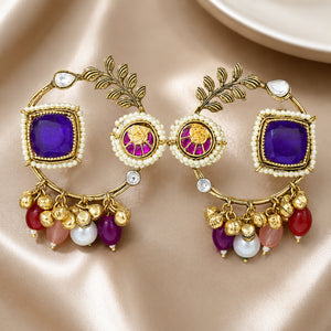 Kashmiri purple pearl chandbali earrings in gold-tone imitation jewellery