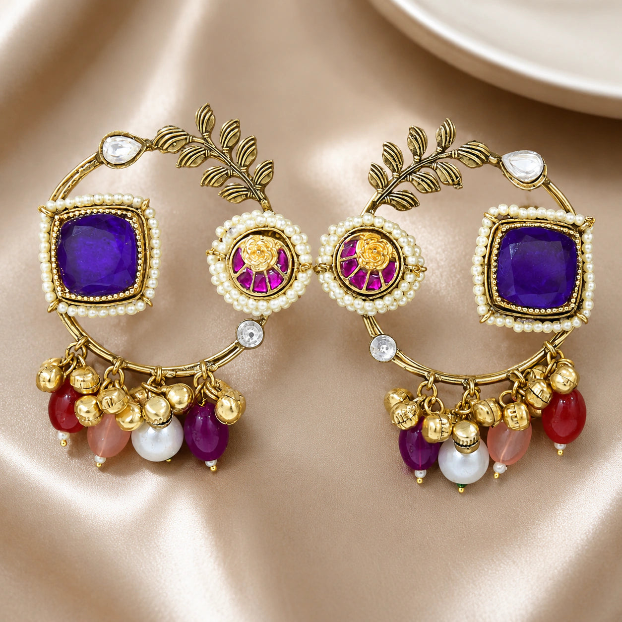 Kashmiri purple pearl chandbali earrings in gold-tone imitation jewellery