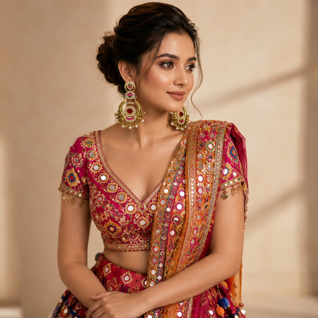 Red-stone pearl chandbali earrings styled in an elegant jewellery flat lay