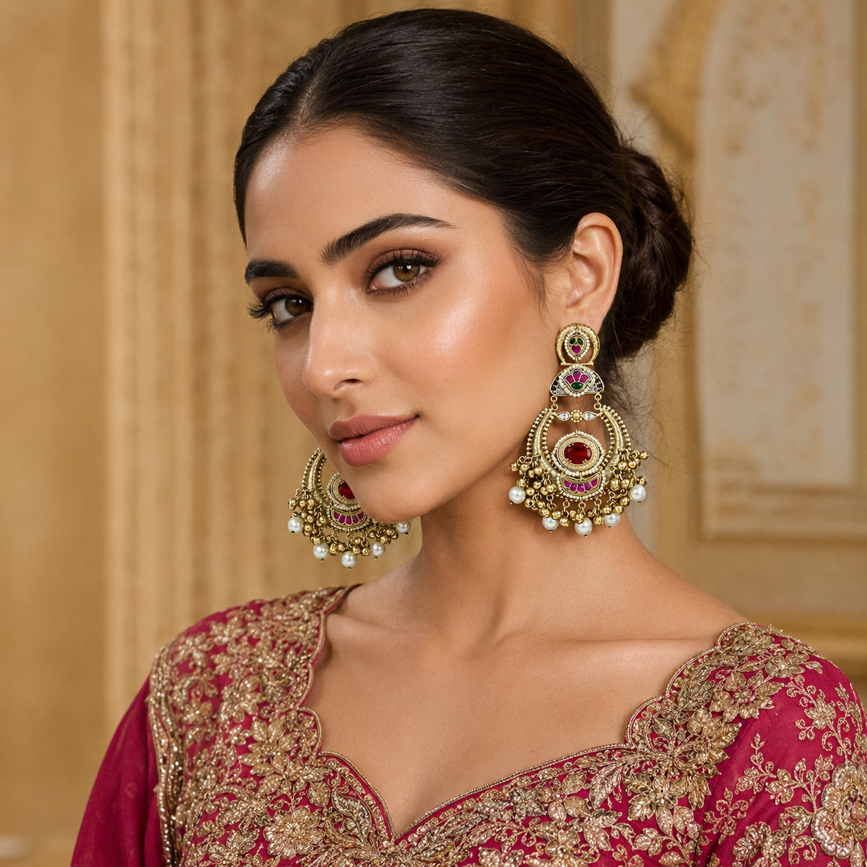 Close-up of red stones, pearl-style borders and gold-tone chandbali detailing