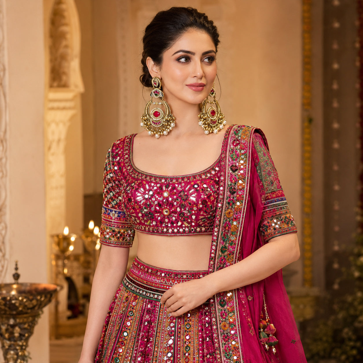 Gold-tone red-stone pearl chandbali statement earrings worn by a model